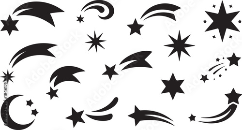 A collection of stylized black stars and shooting star trails on a clean white background