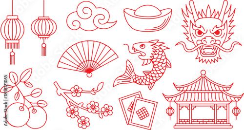 A collection of traditional red Chinese New Year cultural symbols and celebration elements