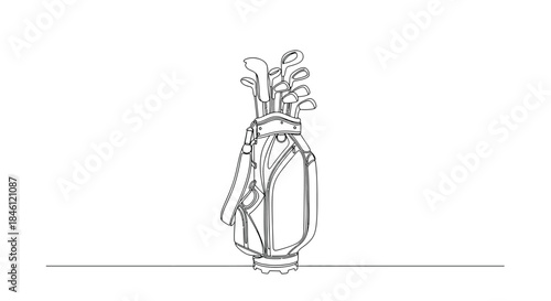Minimalist outline drawing of a golf bag filled with clubs standing on a simple horizontal line against a white background