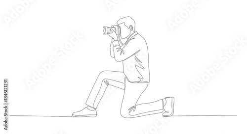 Minimalist line art drawing of a man kneeling and taking a photograph with a professional camera in a studio setting