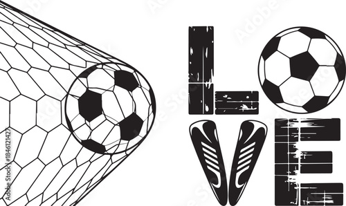 A dynamic soccer ball entering a goal net alongside the inspiring word LOVE created with sports elements