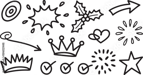 A fun assortment of various hand drawn doodle symbols including arrows, crowns, stars, and check marks on white