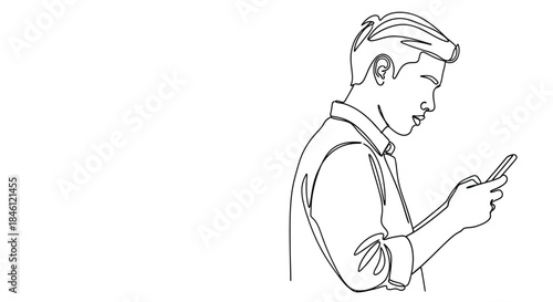 Minimalist continuous line drawing of a young man wearing a collared shirt looking at his smartphone screen