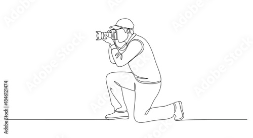 Minimalist single line drawing of a photographer wearing a cap kneeling and holding a camera capturing a moment