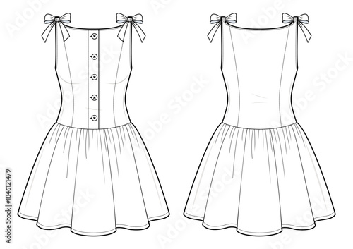 Fit and Flare Dress Technical Fashion Illustration. Sleeveless Dress Vector Template. Corset Style Bodice with Adjustable Straps. Front and Back View. Feminine Silhouette. Women’s Wear. CAD Mockup set