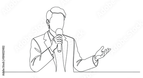 Single line drawing of a man in a suit holding a microphone and gesturing with his hand during a speech or presentation