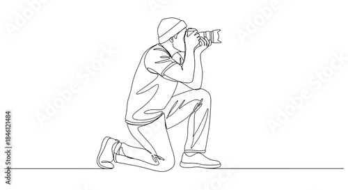 Continuous line drawing of a photographer kneeling and taking a picture with a professional camera minimalist art