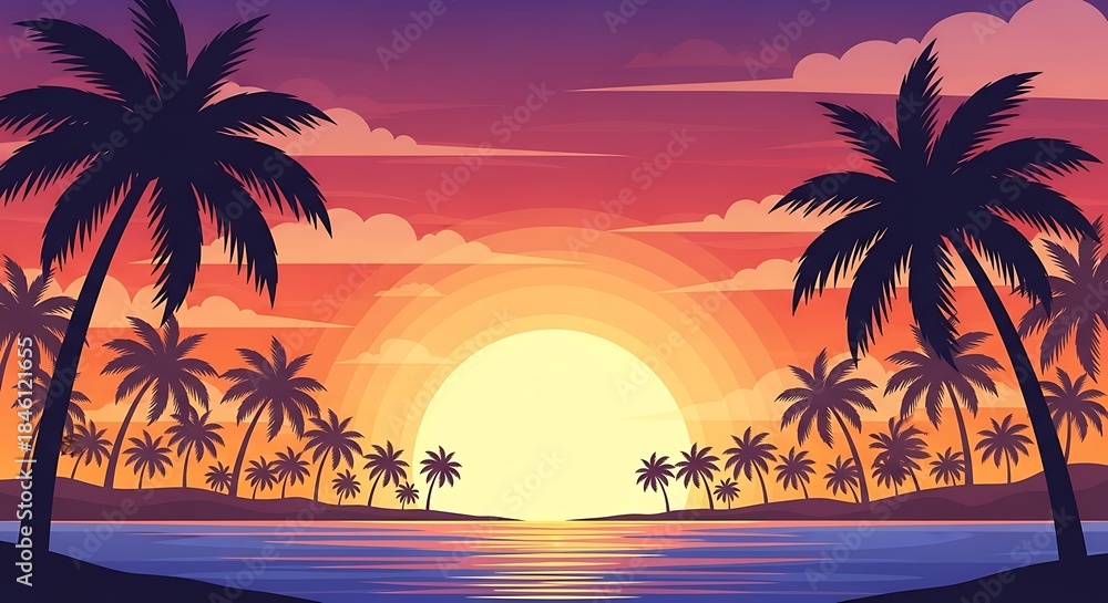 Fototapeta premium Vibrant Tropical Sunset with Palm Trees and Ocean View.