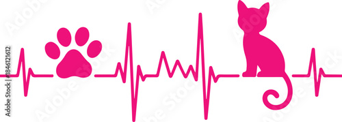 A pink heartbeat line rhythmically featuring a paw print and a sitting cat silhouette on a white background