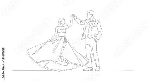 Elegant single line drawing of a bride and groom dancing joyfully on their wedding day in a timeless embrace