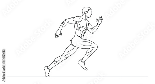 Dynamic line art illustration of a muscular male athlete in full stride showcasing speed and athleticism against a clean white background
