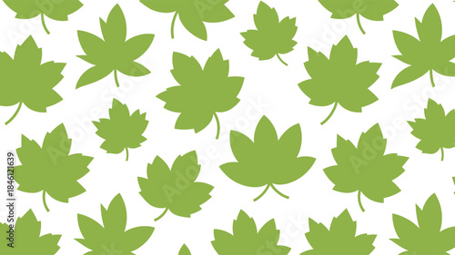 A seamless repeating pattern of stylized green maple leaves scattered on a white background illustration