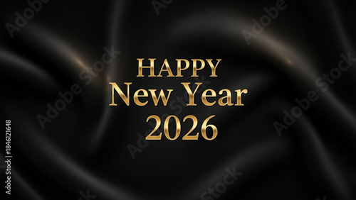 Elegant golden text wishing happy new year 2026 set against a luxurious black satin fabric background with subtle light reflections