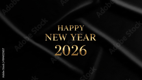 Elegant golden text 'happy new year 2026' shines on a luxurious black satin background with soft light reflections creating a sophisticated festive atmosphere