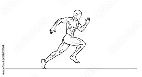 Dynamic black and white line art illustration of a muscular male athlete in full stride during a sprint race on a white background