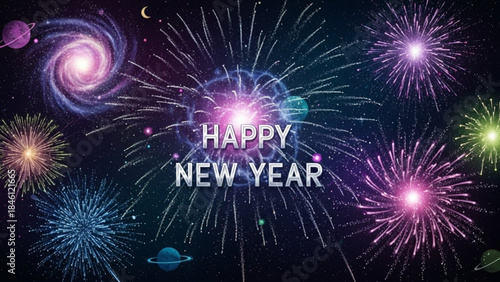 Vibrant new year's eve fireworks illuminate a cosmic galaxy scene with planets and a crescent moon creating a festive celestial celebration