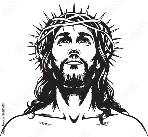 A powerful black and white depiction of Jesus Christ wearing a crown of thorns looking towards heaven