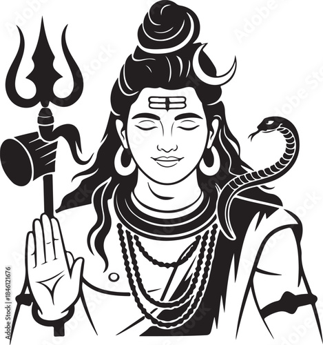 A powerful black and white depiction of Lord Shiva with a trident and sacred cobra