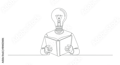 Conceptual illustration of a person with a light bulb for a head reading a book symbolizing knowledge and bright ideas
