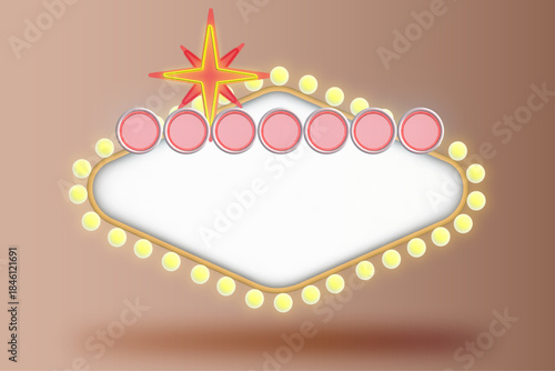 Retro illuminated blank display sign with glowing light bulbs. Ideal for advertising, promotions, announcements, banners, posters, events, and entertainment-themed designs.