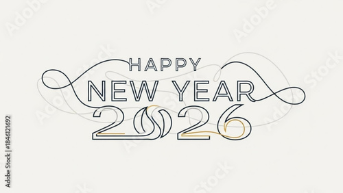 Elegant minimalist typographic design celebrating happy new year 2026 with flowing lines and a clean white background