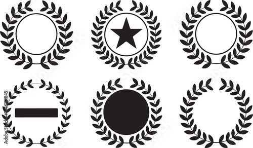 A set of six elegant laurel wreaths with different central elements like a star and empty circles