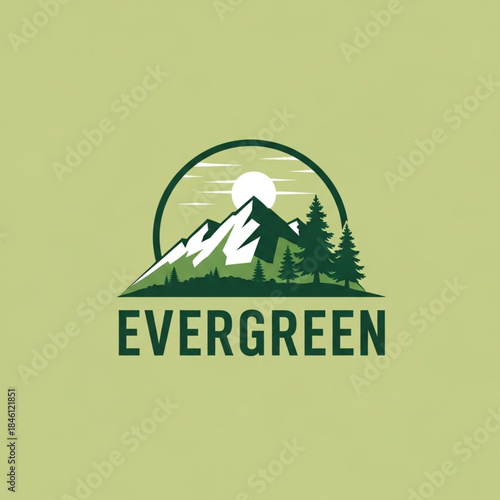 Vintage-style logo design featuring a stylized mountain range and pine trees in dark green, set within a circle, with the word "EVERGREEN" below on a light green background.