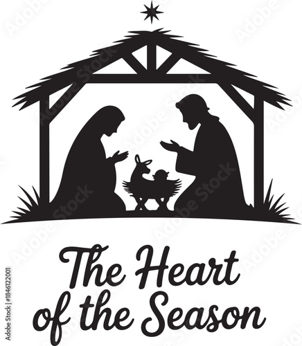 A touching black silhouette depicts the Holy Family in a stable with the Christmas star overhead