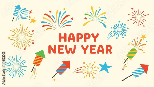 Colorful fireworks and stars celebrate happy new year with vibrant festive decorations and sparkler motifs on cream background