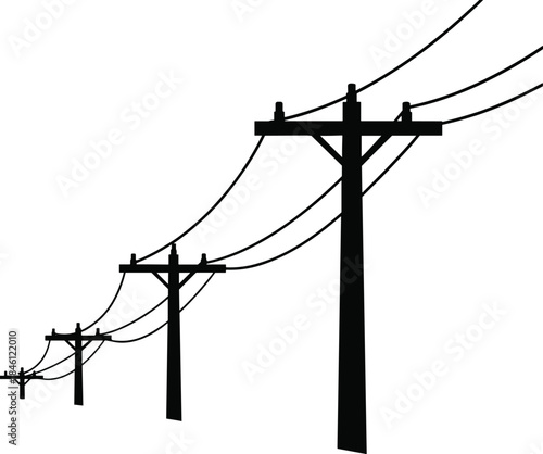 Electric power line poles silhouette illustration showing perspective depth, electricity transmission concept, minimalist black and white vector infrastructure background
