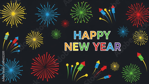 Vibrant fireworks explode in colorful bursts of light on a black background with a happy new year message in bold multicolored letters