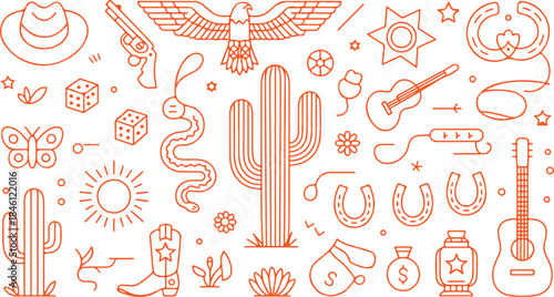 A vibrant collection of wild west themed outline icons including cowboy hats, cacti, eagles, and revolvers