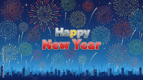 Vibrant fireworks explode over city skyline on a new year's eve night with colorful bursts of light and joyful celebration