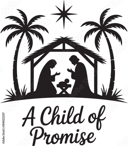 Classic nativity scene silhouette featuring Mary Joseph and baby Jesus with palm trees and a guiding star