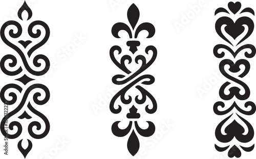 Collection of three black elegant vertical decorative scrollwork patterns featuring hearts and flourishes