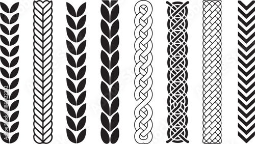 Collection of black and white decorative vertical borders with intricate braided and woven patterns