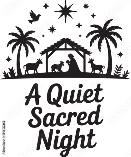 Detailed black silhouette of the Nativity scene surrounded by palm trees, animals, and a dove