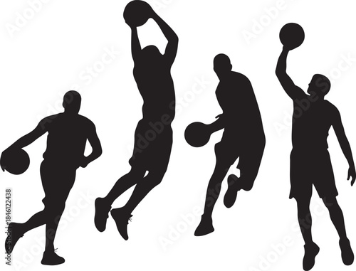 Four dynamic black silhouettes of male basketball players in various active playing positions