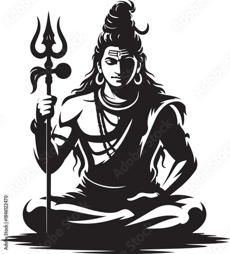 Majestic black silhouette of Lord Shiva meditating while holding his sacred trishula weapon