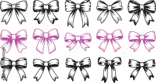 Multiple black and pink outlined bow ribbons with a decorative textured appearance arranged in rows