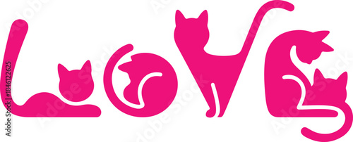 The word LOVE spelled out using five pink cat silhouettes in various playful poses on a white background