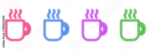 Neon glowing coffee mug vector icons set, hot drink, beverage, tea, steam, morning, vibrant colorful digital design illustration on transparent background.