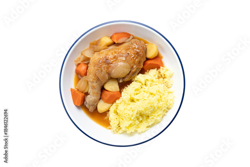 Japanese style Chicken curry with yellow color turmeric rice isolated on white