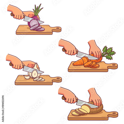Hands Cutting Fresh Vegetables (Onion, Garlic, Carrot, Potato) on Wooden Board Vector Illustration Set