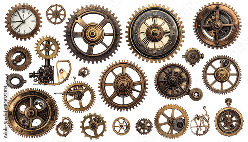 A complex assemblage of ornate, brass-toned clockwork gears and timekeeping instruments against a stark black backdrop