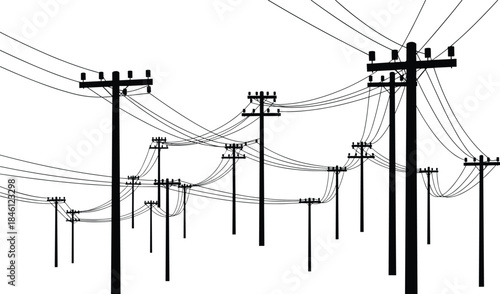 Electric power transmission poles silhouette illustration, overhead utility lines and cables, black white minimal vector background for energy infrastructure design