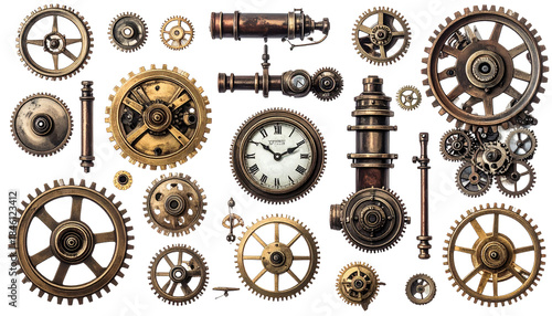 A collection of various bronze-toned, industrial cogwheels, tubes, a clock, and other mechanical elements arranged against a black background