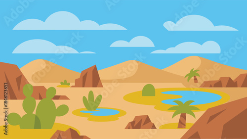A vibrant flat design illustration of a desert landscape featuring an oasis illustration