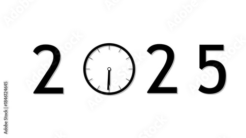 abstract black 2025 with clock symbol in white background. Digital clock icon concept future calendar design video.