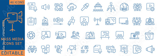 Mass Media icon set. Containing Mass media, TV show, journalism, news, , program, report, video, interview, and more. Outline Icon Collection. Fully Editable .Vector illustration.